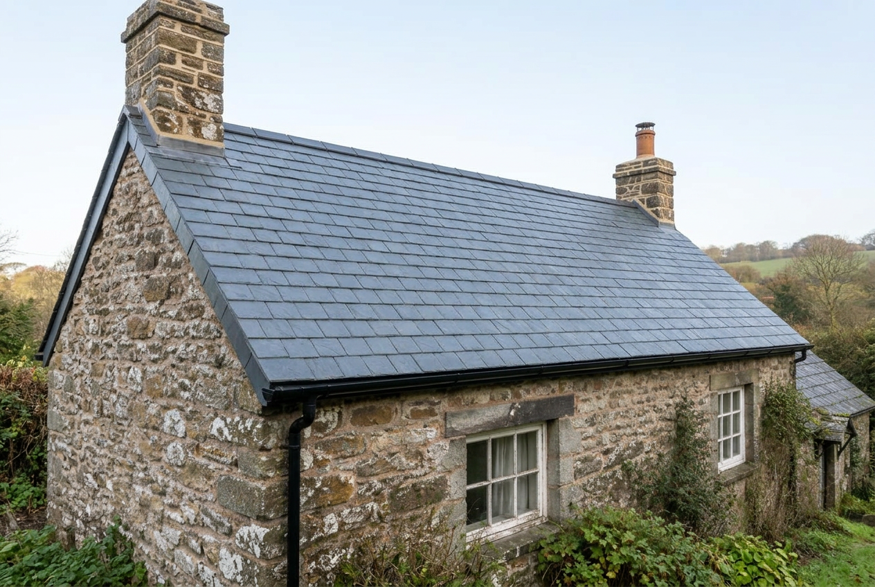 Cottage roof after full slate replacement